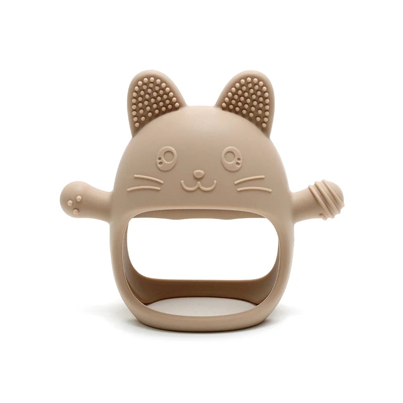 Beige cat-shaped teething ring on a white background