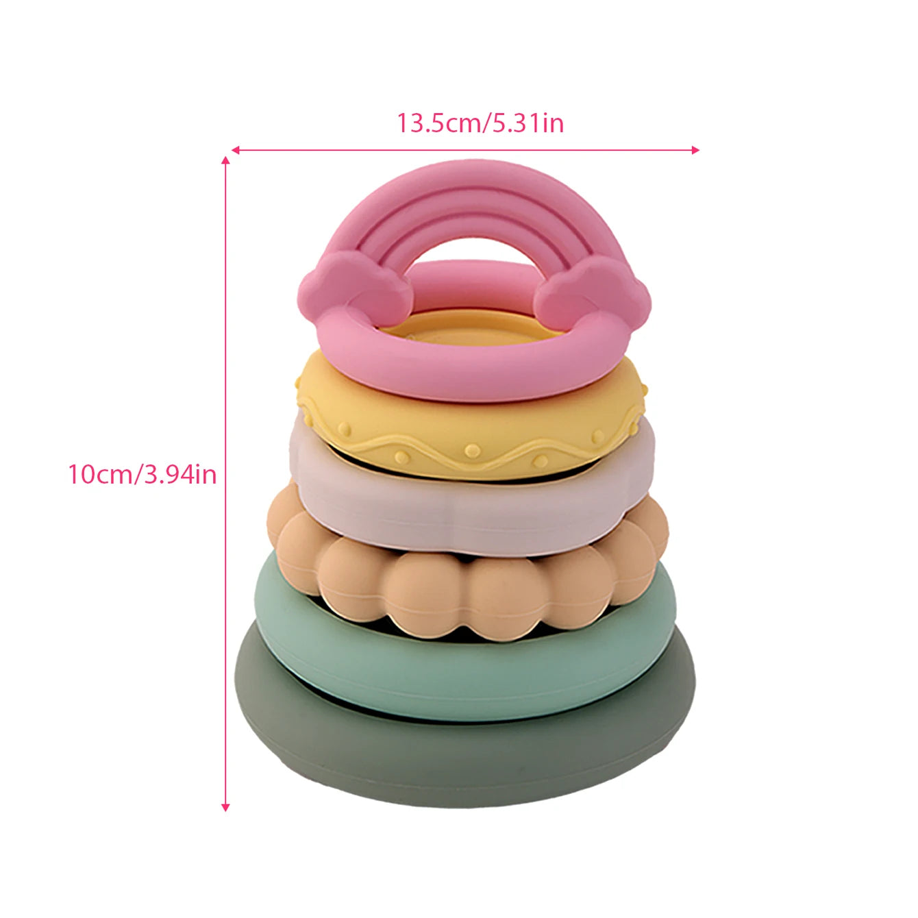 Stack of colorful baby teething rings with measurements on a white background