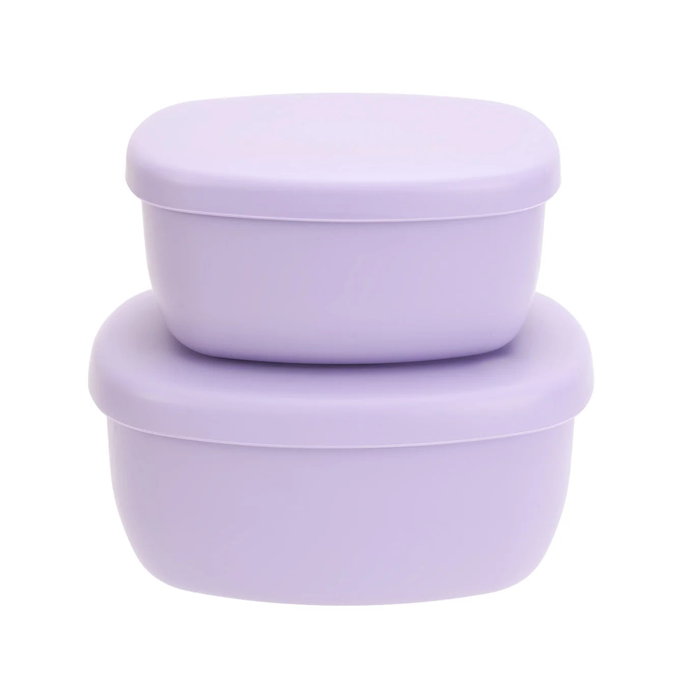 Two lavender silicone food containers with lids
