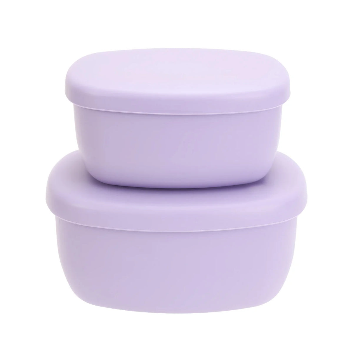 Two lavender silicone food containers with lids