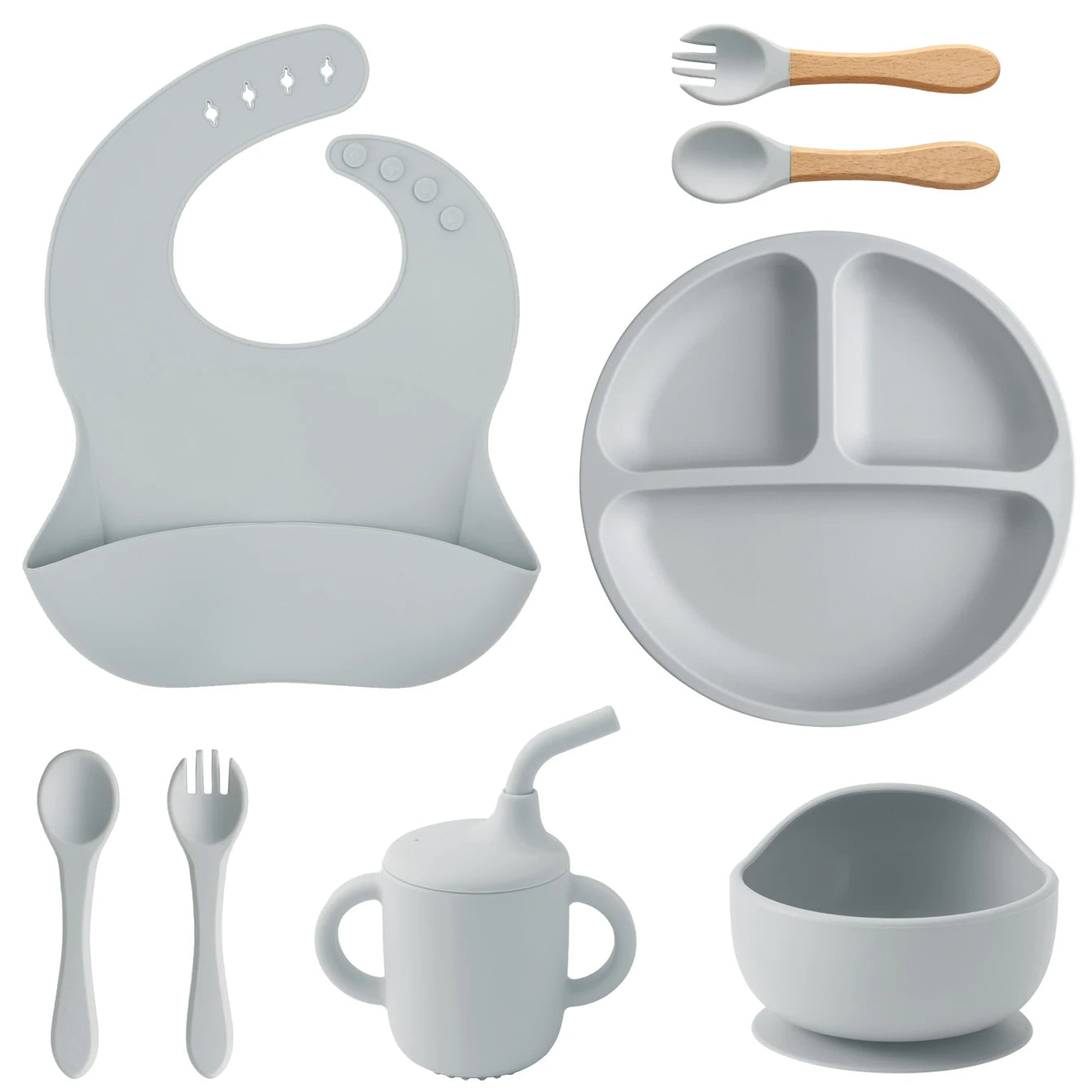 Light Grey 8-piece silicone feeding set