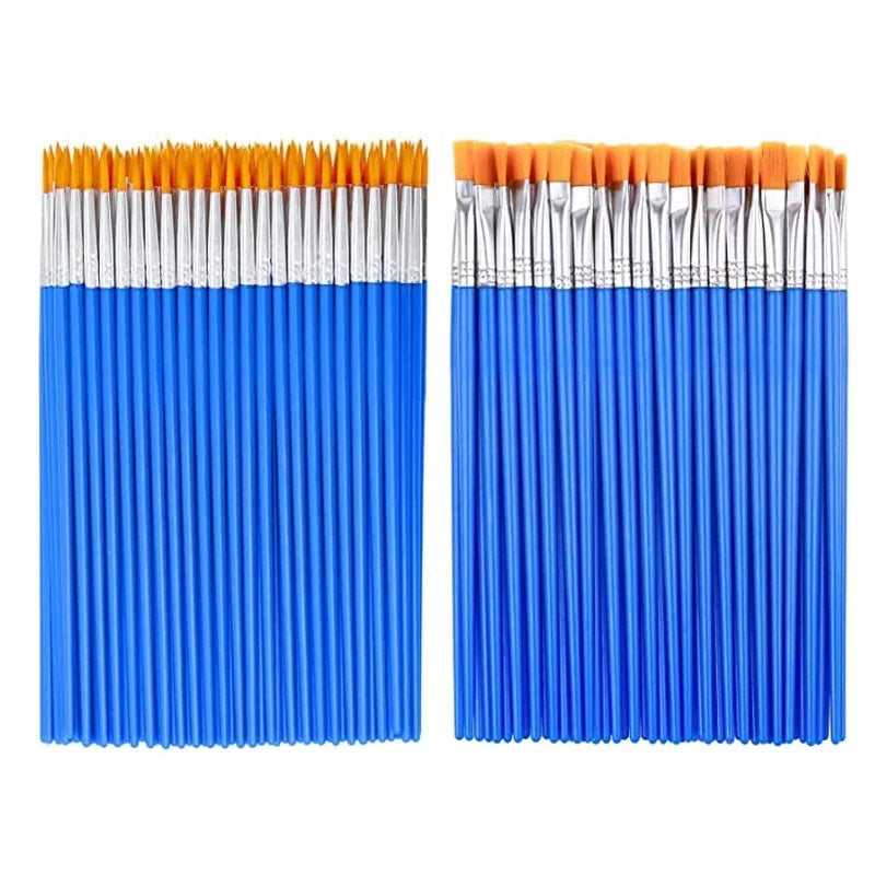 100pcs Paint Brushes Set for Kids featuring anti-shedding nylon bristles, flat and round ends, ideal for Montessori-inspired creativity and educational art activities.