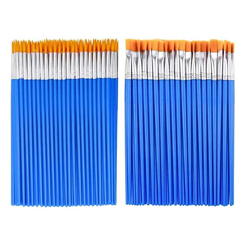 100pcs Paint Brushes Set for Kids featuring anti-shedding nylon bristles, flat and round ends, ideal for Montessori-inspired creativity and educational art activities.