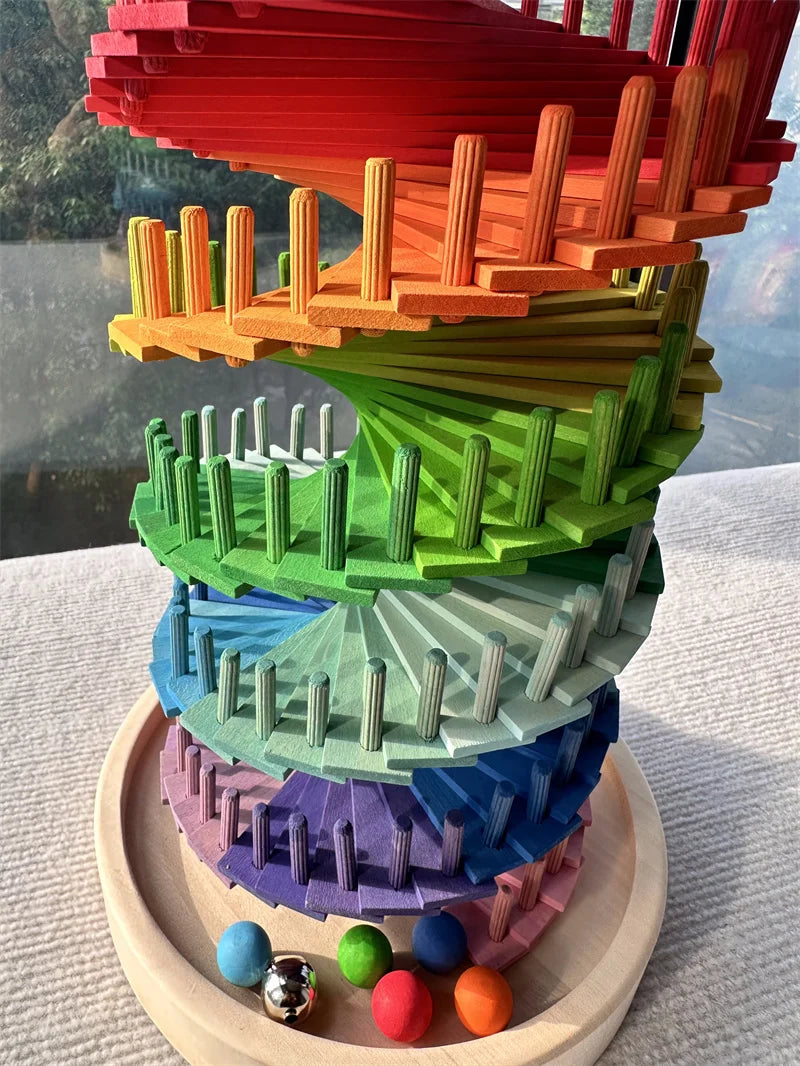 Wooden Rainbow Spiral Marble Run Tower | Montessori STEM Toy