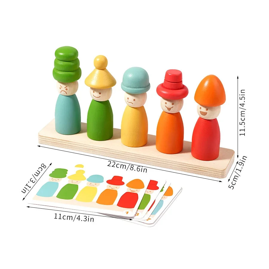  colorful puppet matching game with stackable hats and dimensions