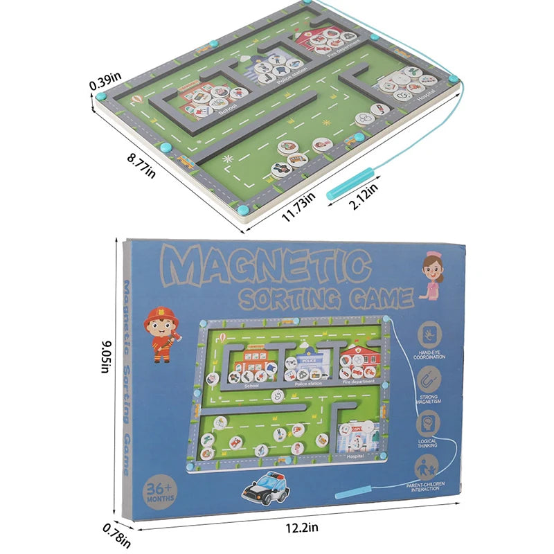 Magnetic sorting game with dimensions and packaging on a white background. Magnetic Sorting Game - Rescue & City Maze | Oliver Montessori Toys