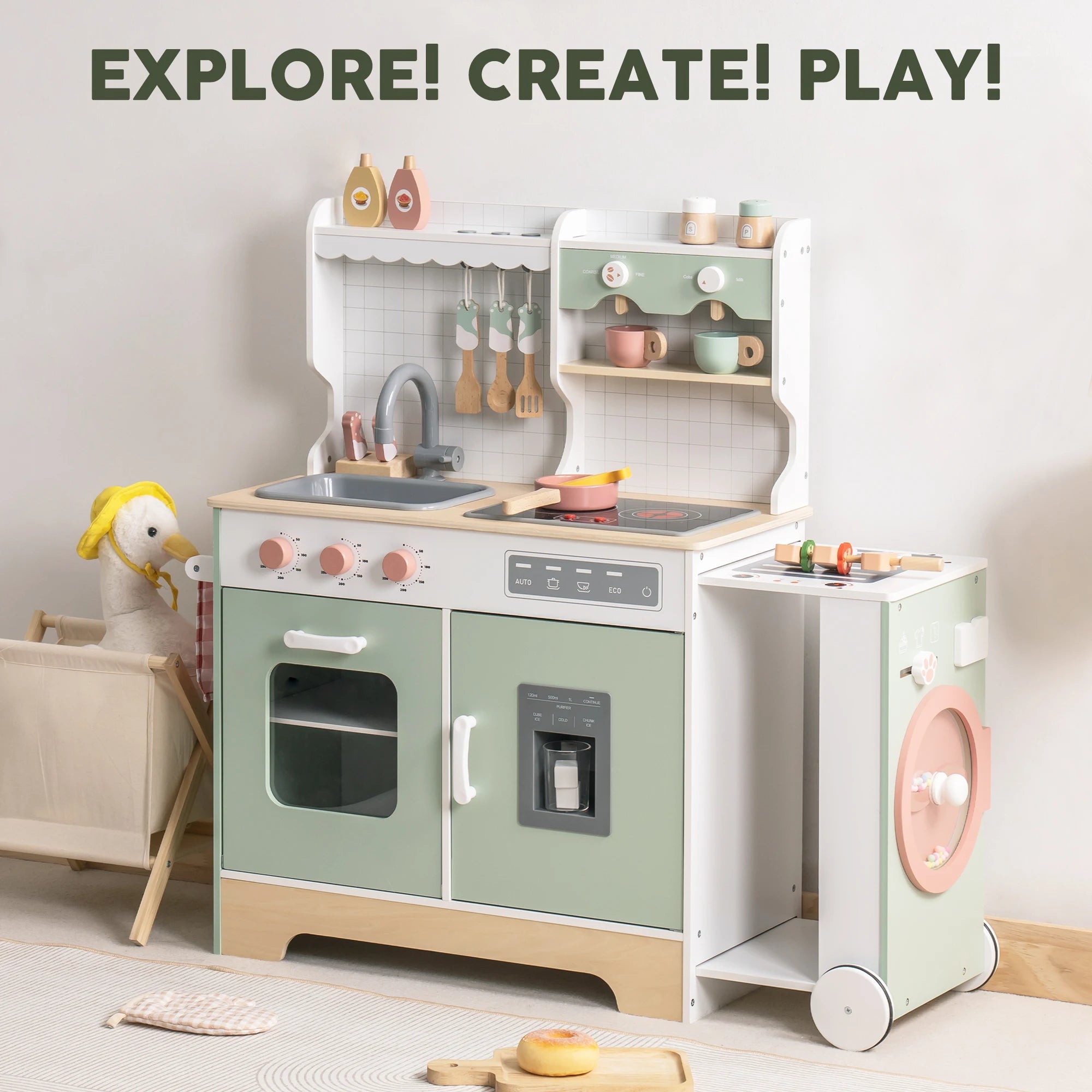 Wooden Play Kitchen Set with BBQ Grill and Accessories
