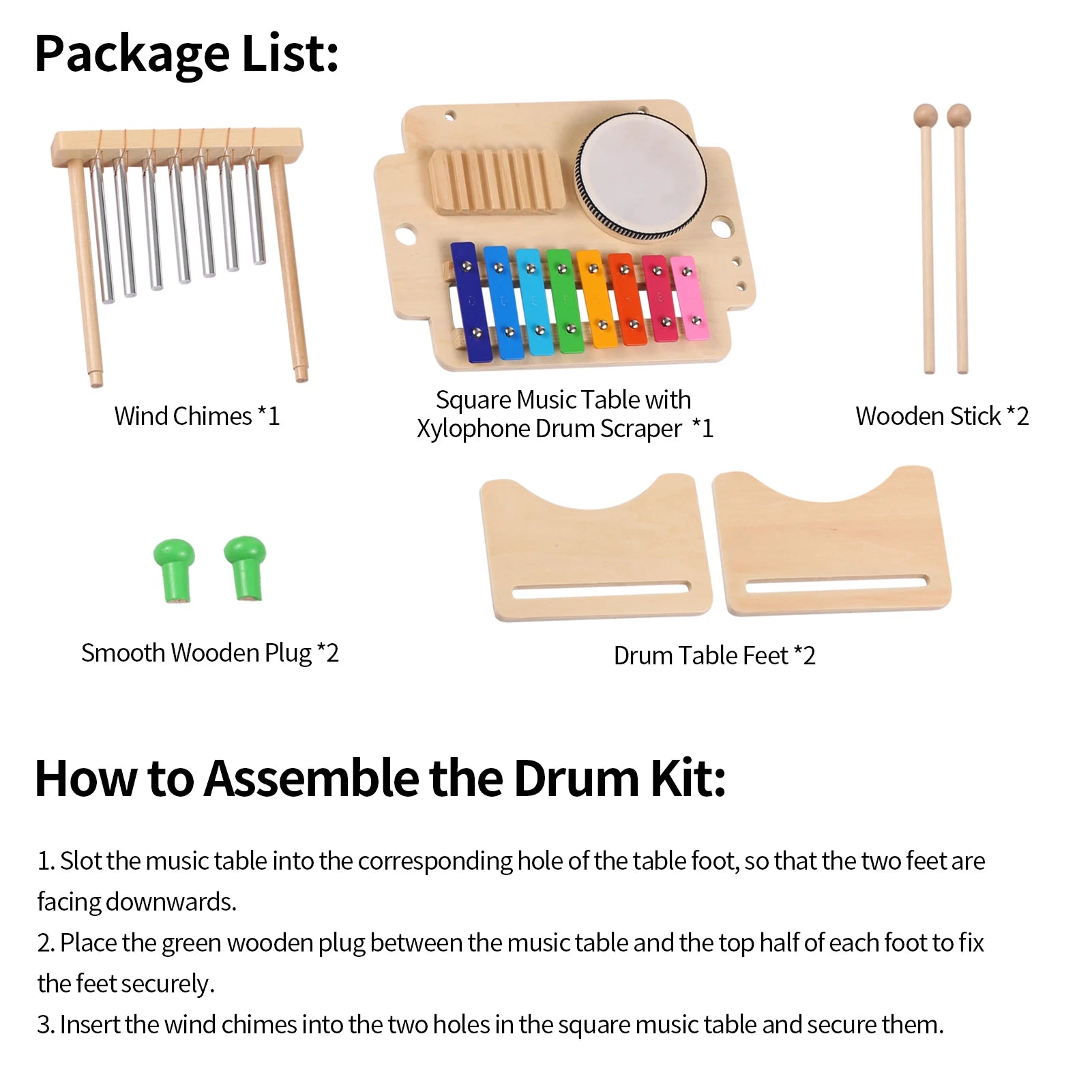 Package list of musical instruments including wind chimes, square music table with xylophone, drum scraper, wooden sticks, smooth wooden plugs, and drum table feet on a white background.