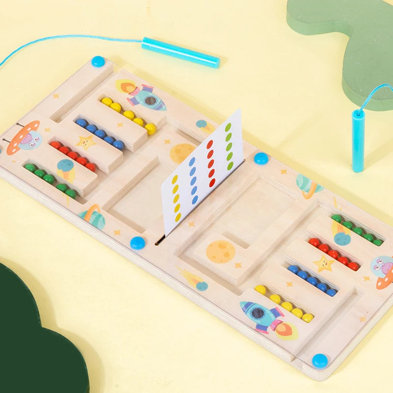 Wooden educational toy with colorful beads and shapes on a light yellow background