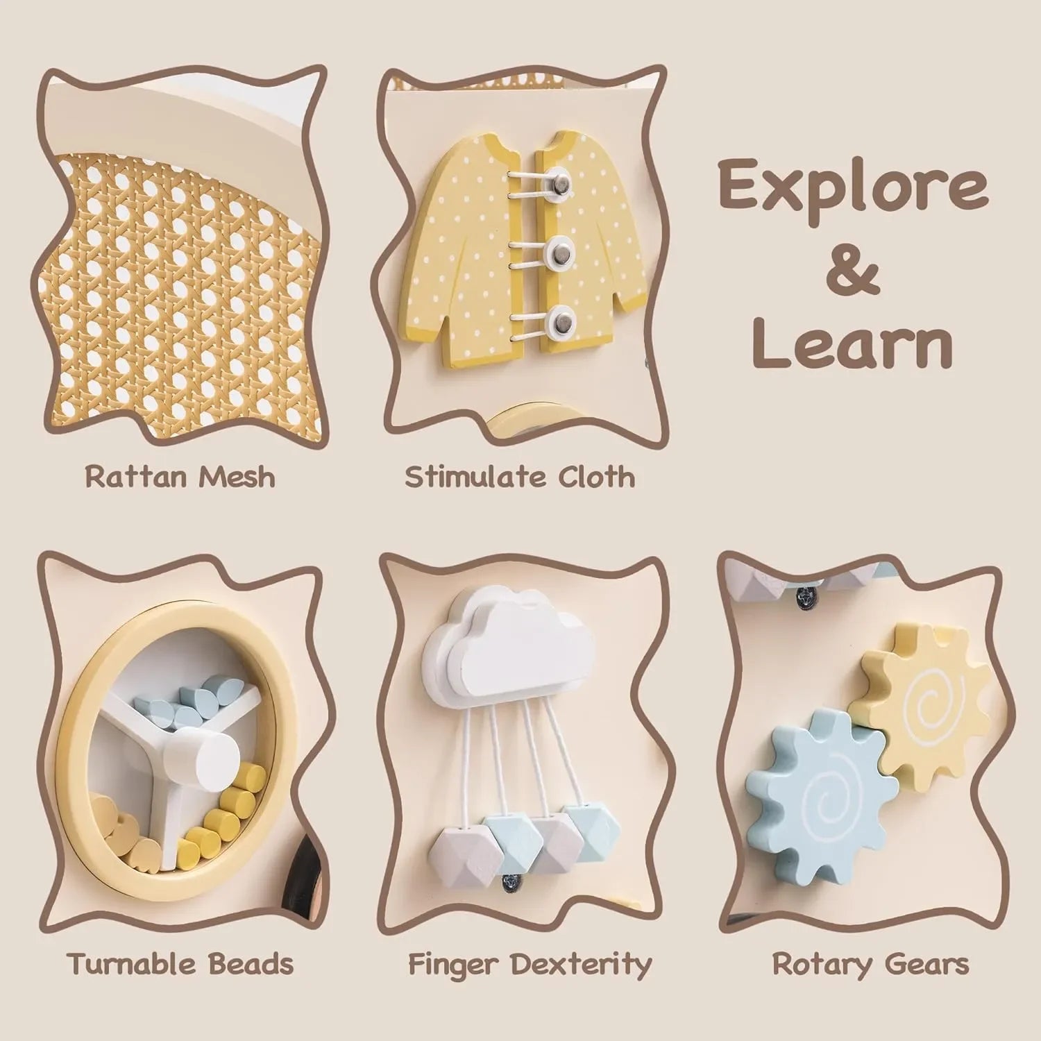 Educational toys with various components labeled on a beige background