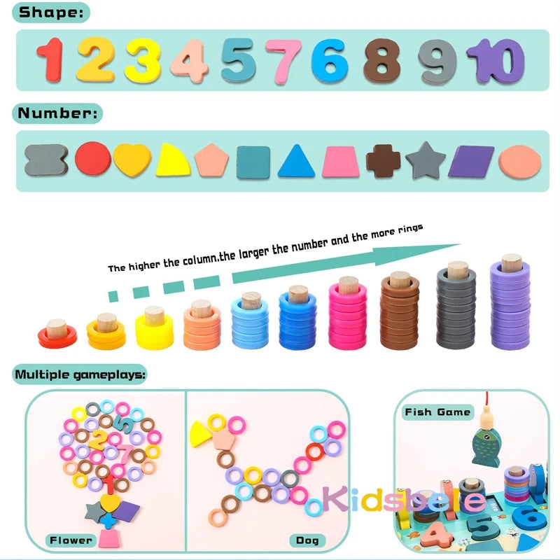 Educational toy set with numbers and shapes, featuring colorful rings and game illustrations.