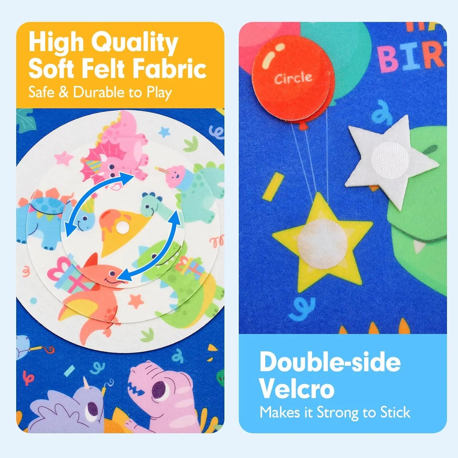 Two educational toys with colorful designs and text about high-quality soft felt fabric and double-sided velcro.