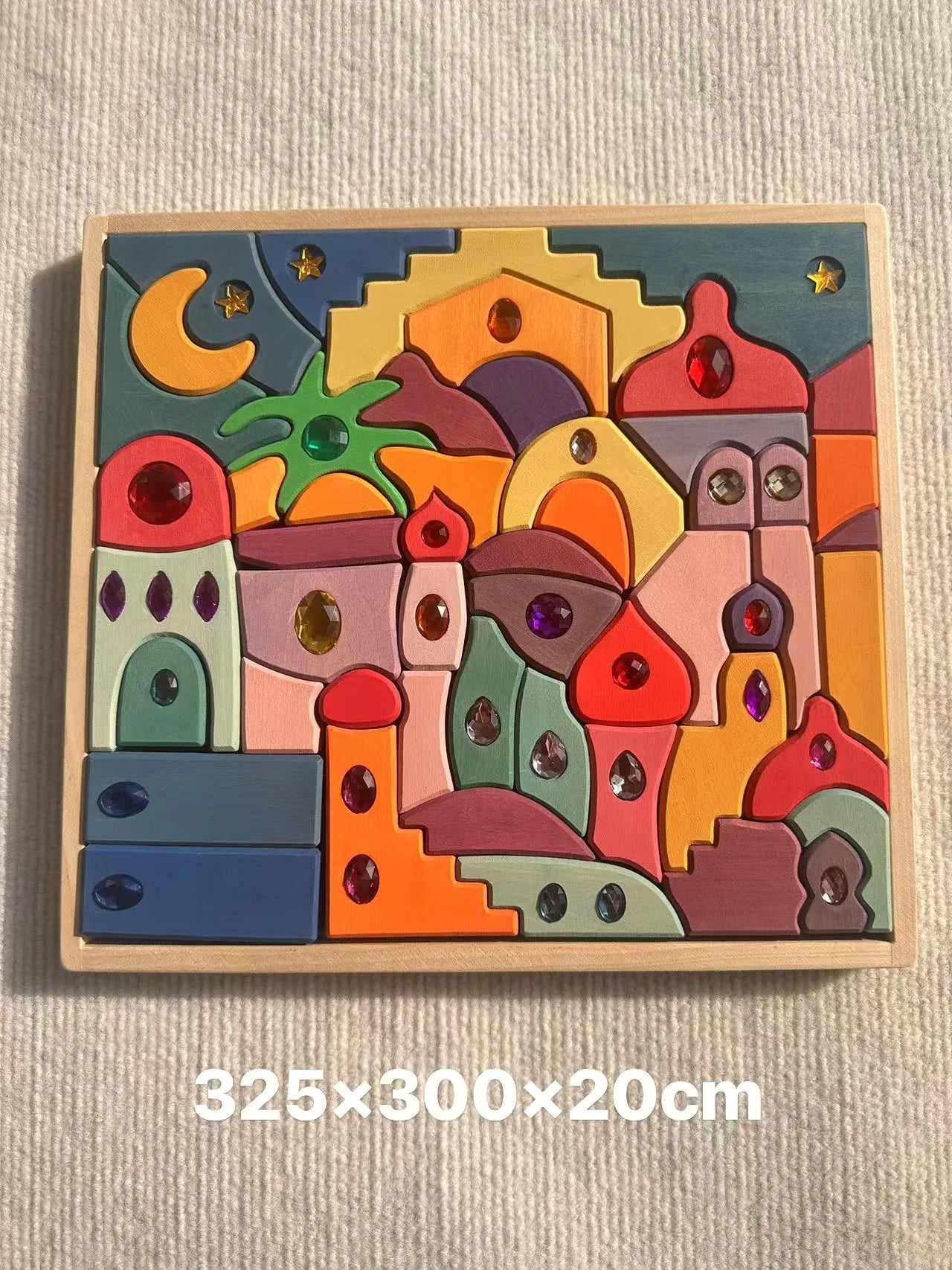 Colorful wooden puzzle with geometric shapes on a textured surface