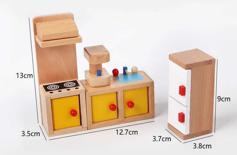 Wooden toy kitchen set with measurements on a white background