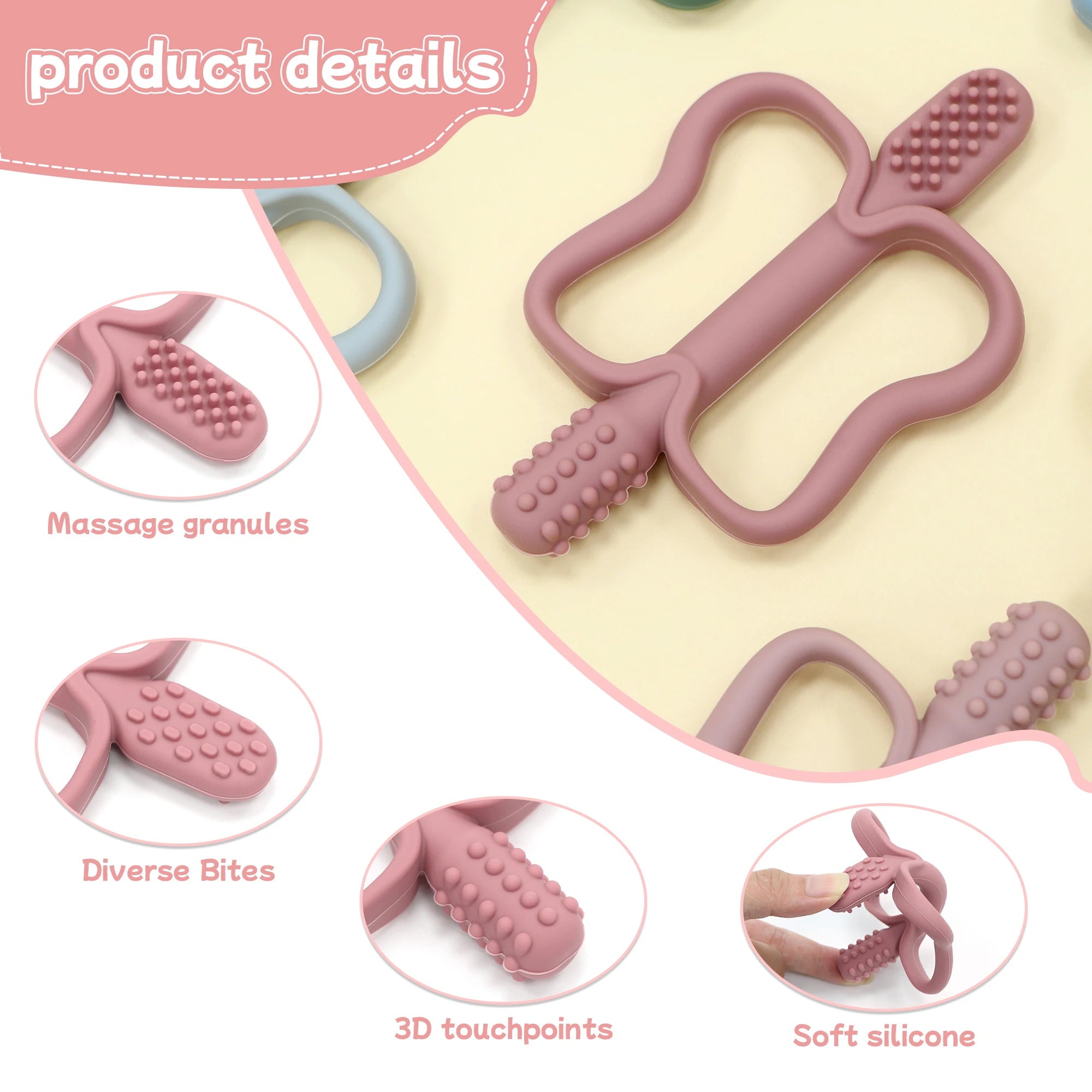 Pink silicone teether with features highlighted on a light yellow background