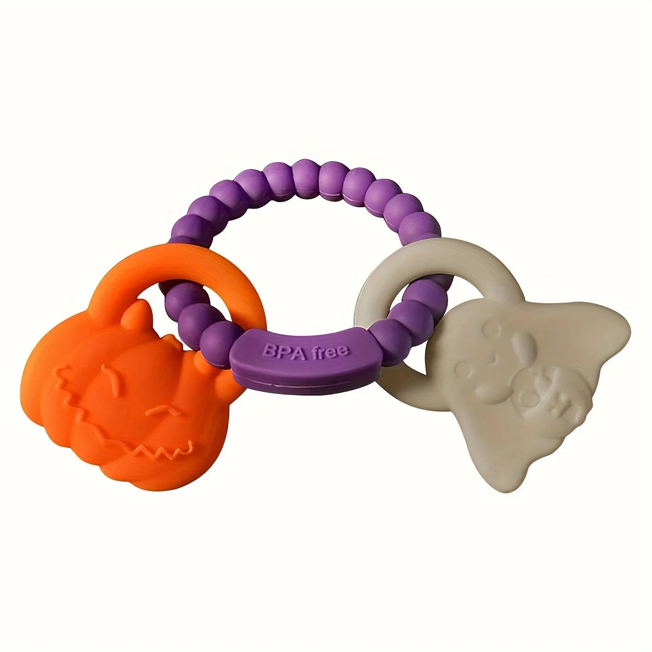 Teething toy with orange, purple, and beige components on a white background