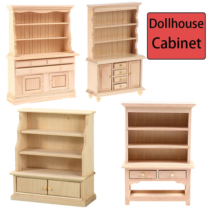 Four wooden dollhouse cabinets on a white background with 'Dollhouse Cabinet' label.