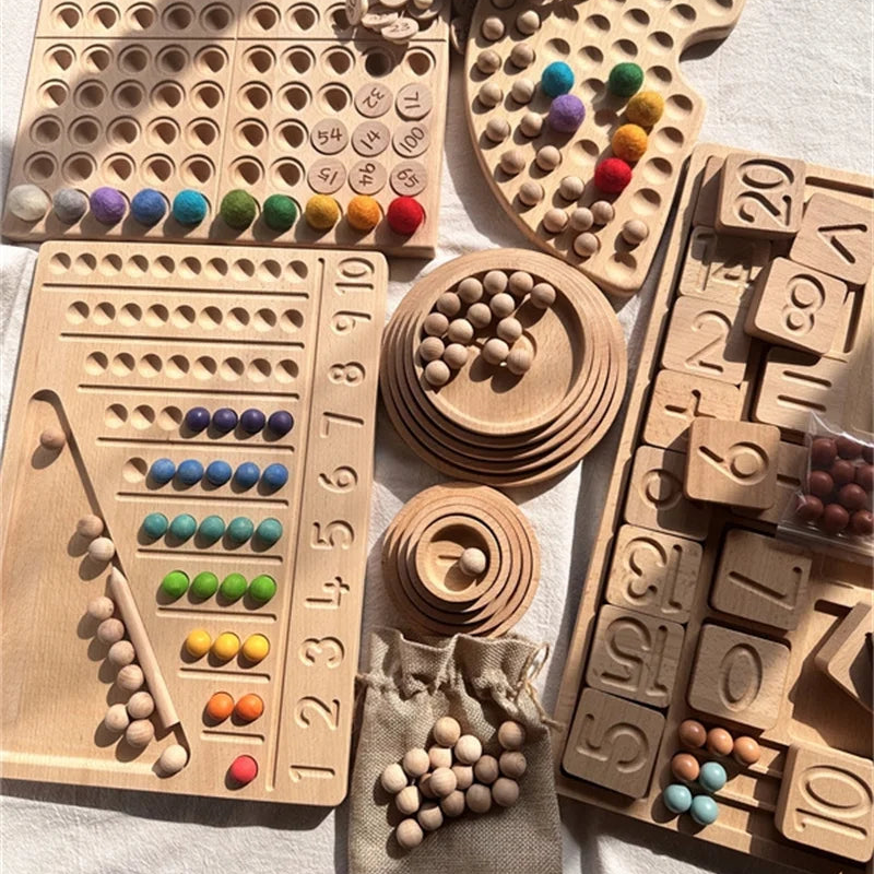 Wooden Peg Board and Bead Collection with Letters and Numbers