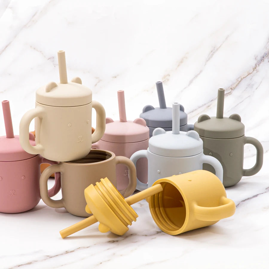 Bear-ear silicone straw cups with handles in many colors