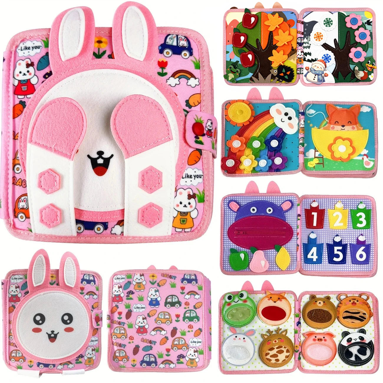 Set of educational children's toys with animal designs and interactive elements.