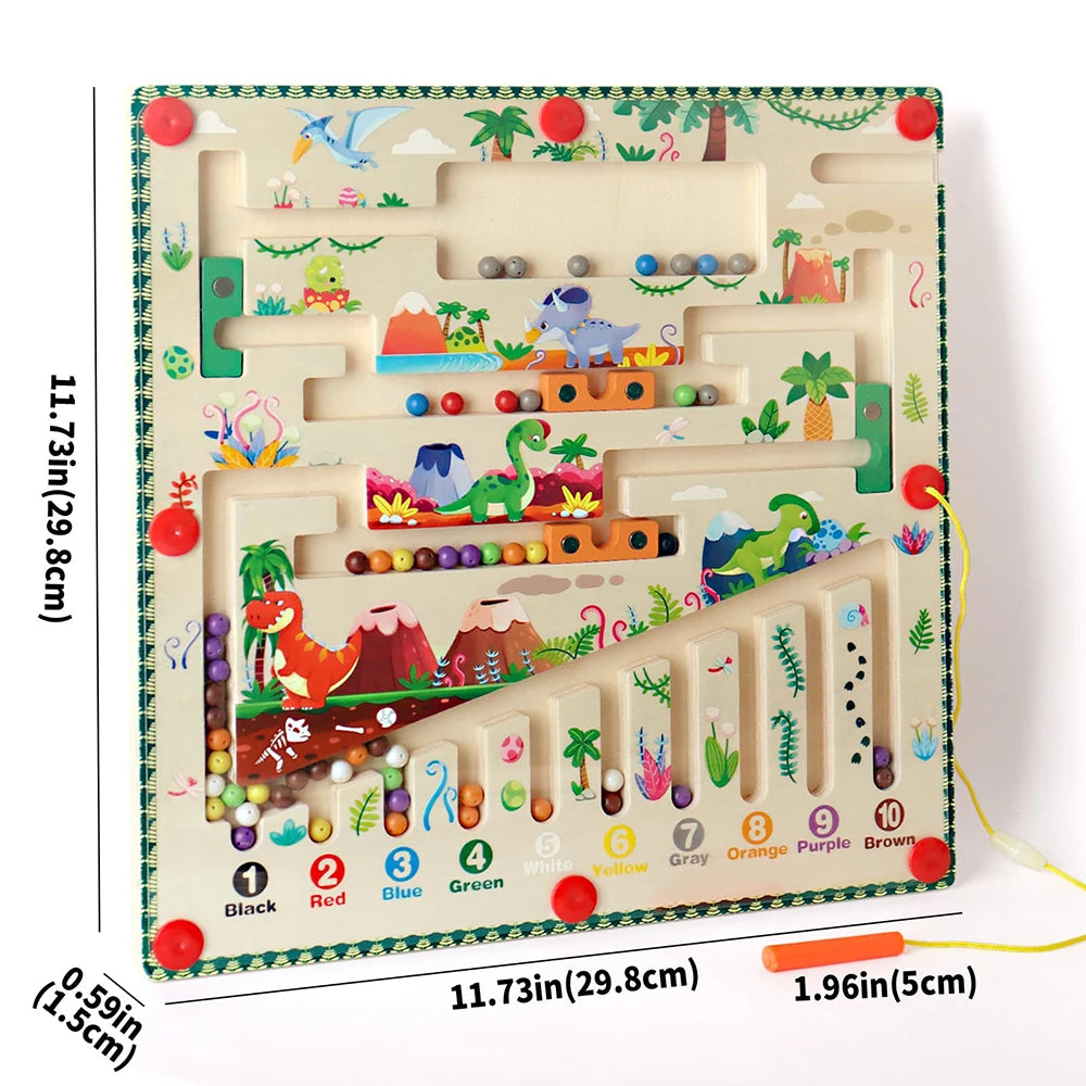 Wooden maze toy with colorful elements and measurements on a white background