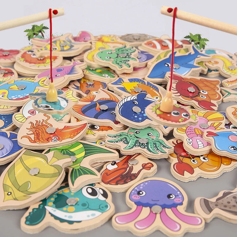 Colorful wooden fishing game with various sea creature shapes on a gray background