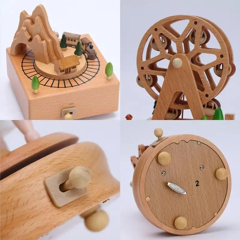 Collage of wooden mechanical toys including a Ferris wheel, clock, and landscape. | Oliver & Company Montessori Toys