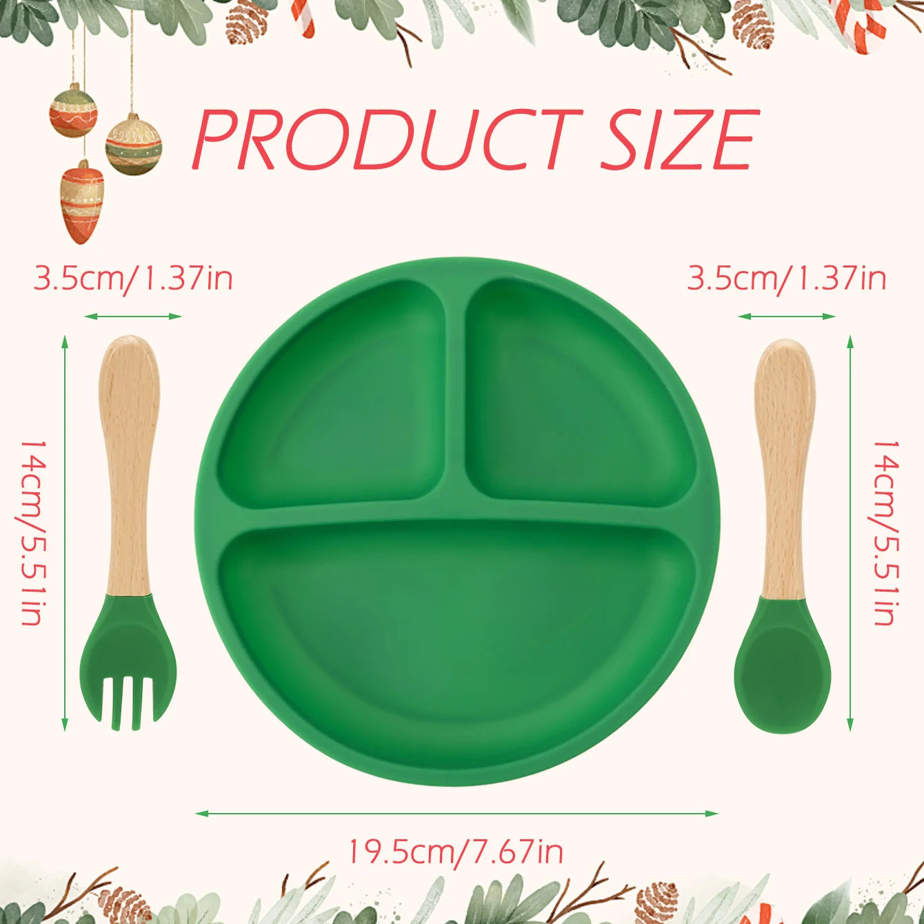 Silicone divided plate set size chart: 19.5 cm plate, 14 cm spoon and fork