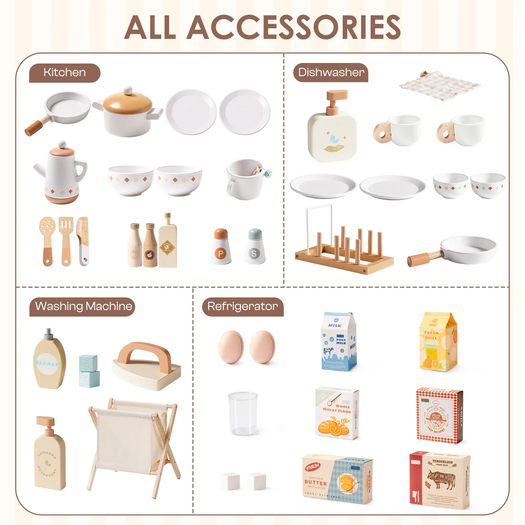 Wooden Play Kitchen Set - Kitchen, Dishwasher, Refrigerator & Washing Machine
