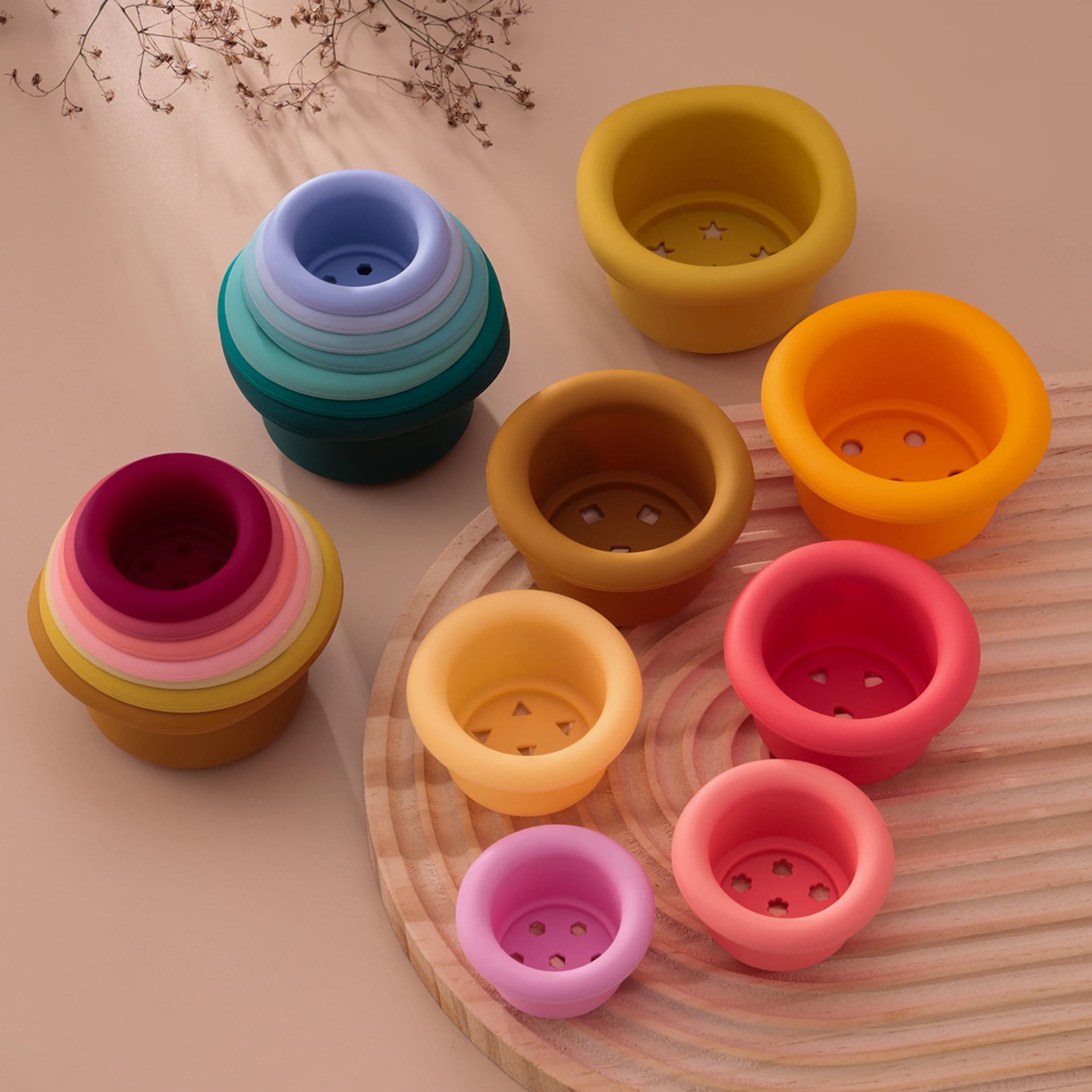 Silicone stacking cups nested and spread out