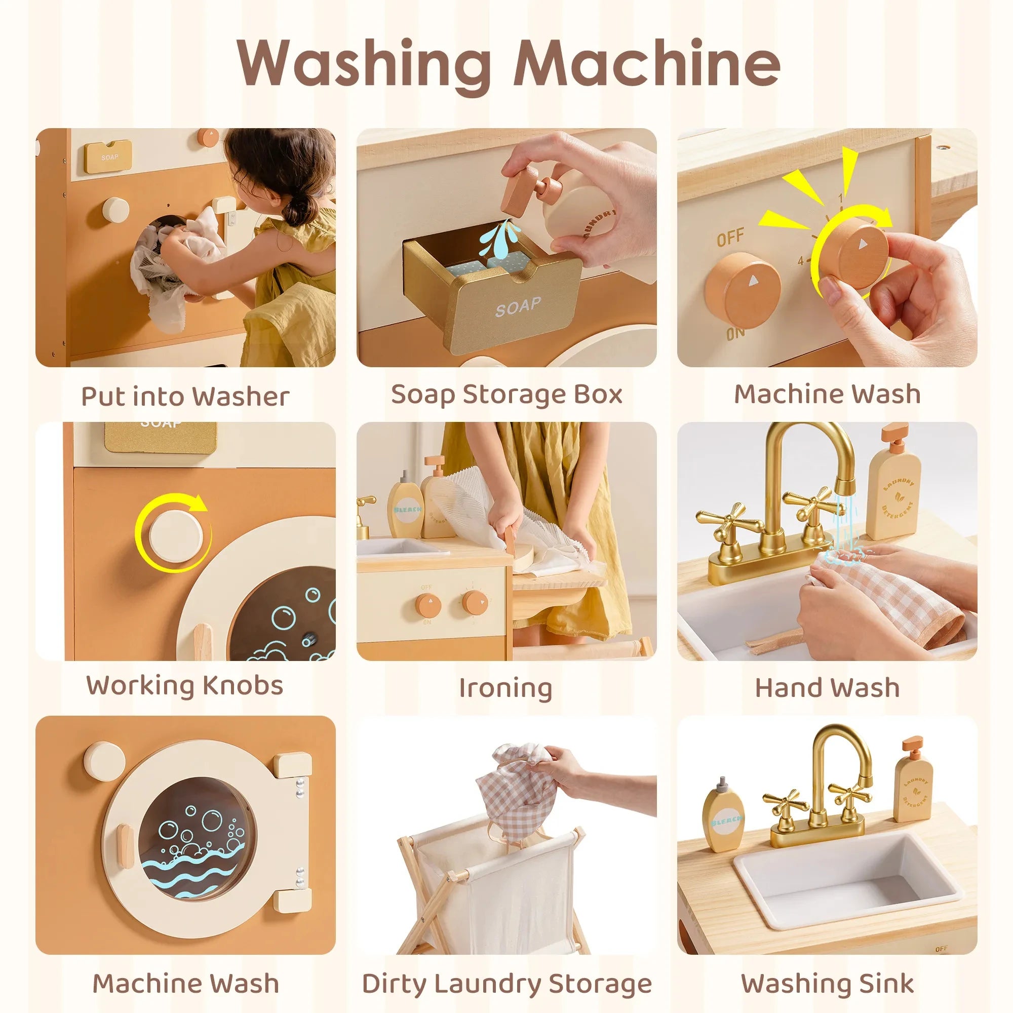 Wooden Play Kitchen Set - Kitchen, Dishwasher, Refrigerator & Washing Machine