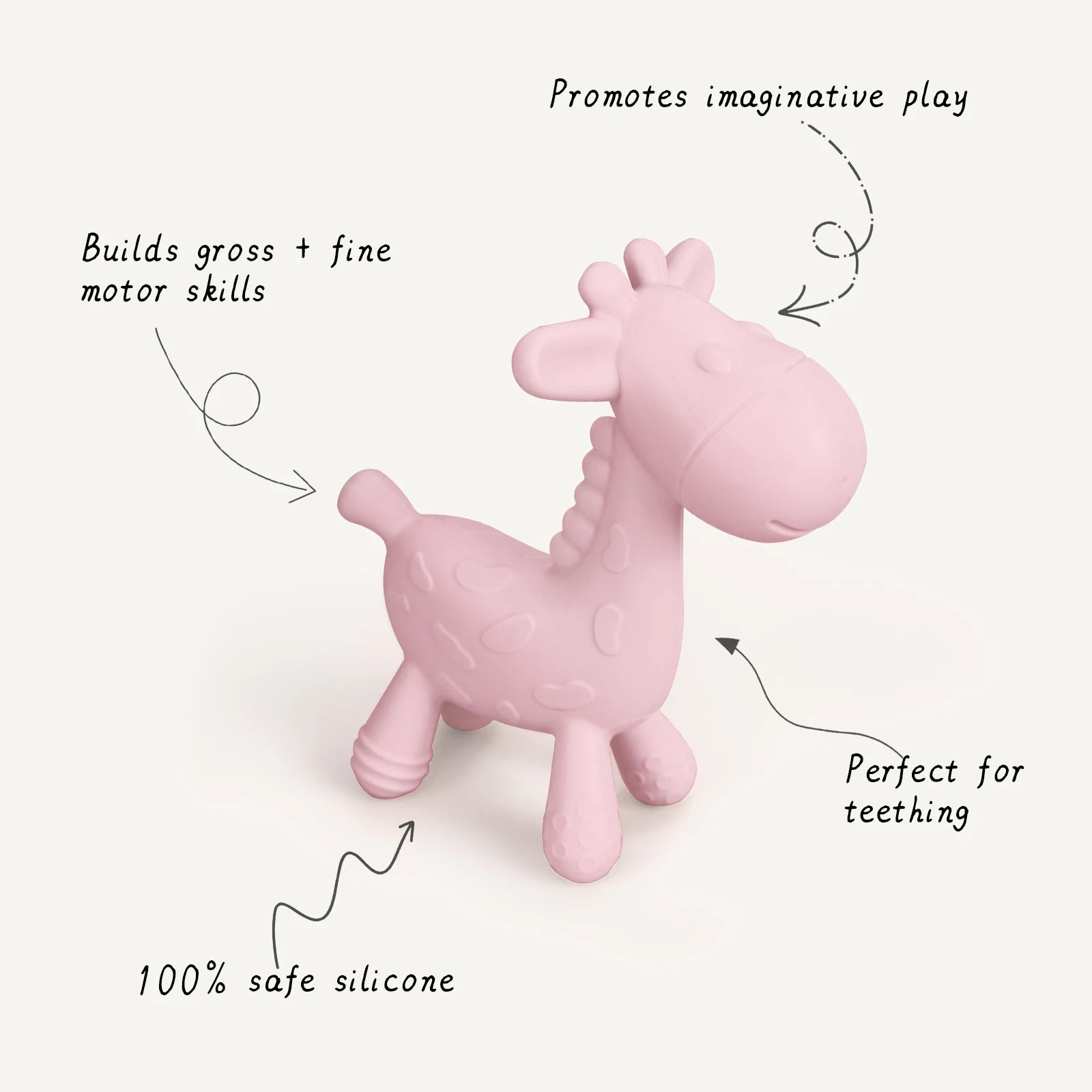Pink giraffe-shaped toy with text highlighting its benefits on a white background