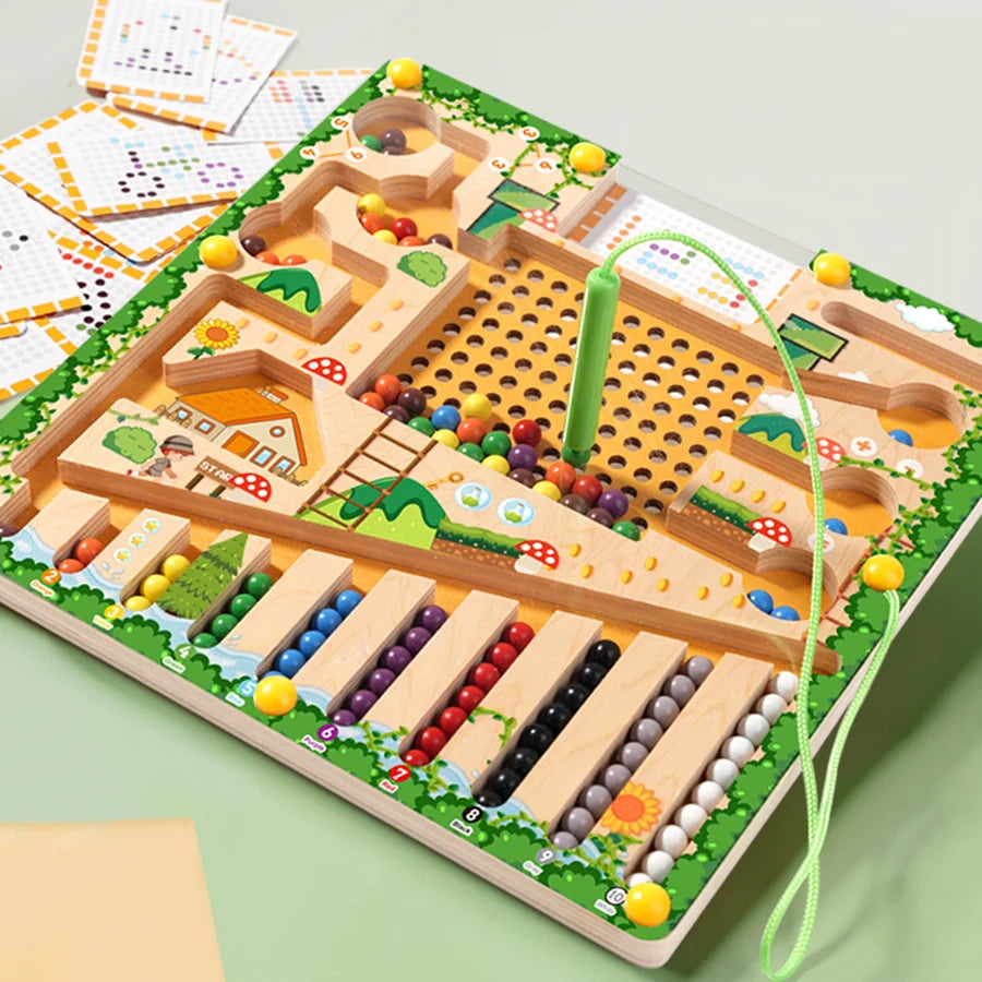 Wooden educational toy with colorful beads and a green string on a light green background