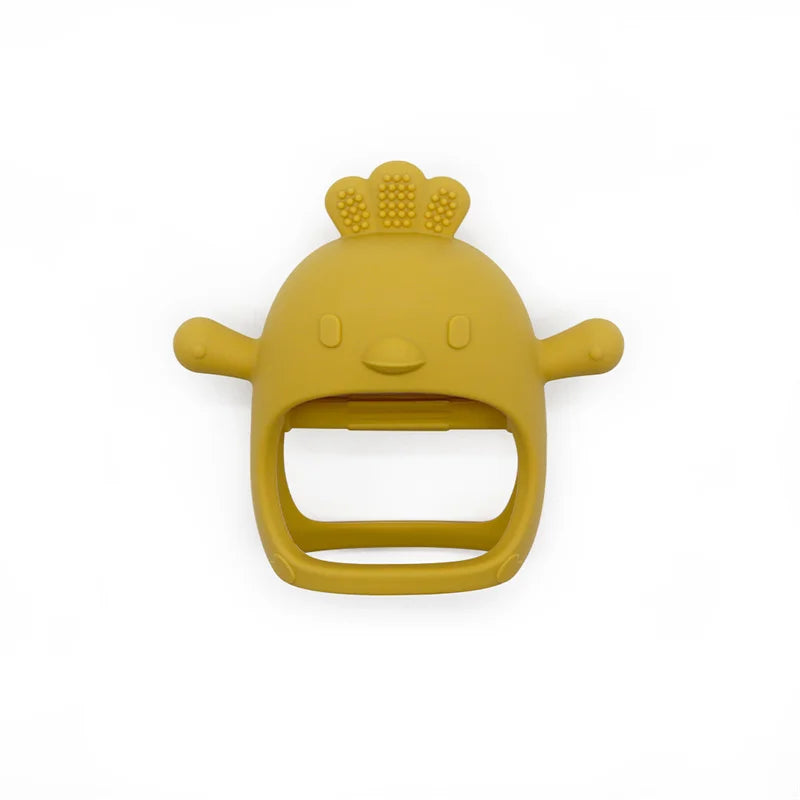 Yellow baby teether with a crown design on a white background