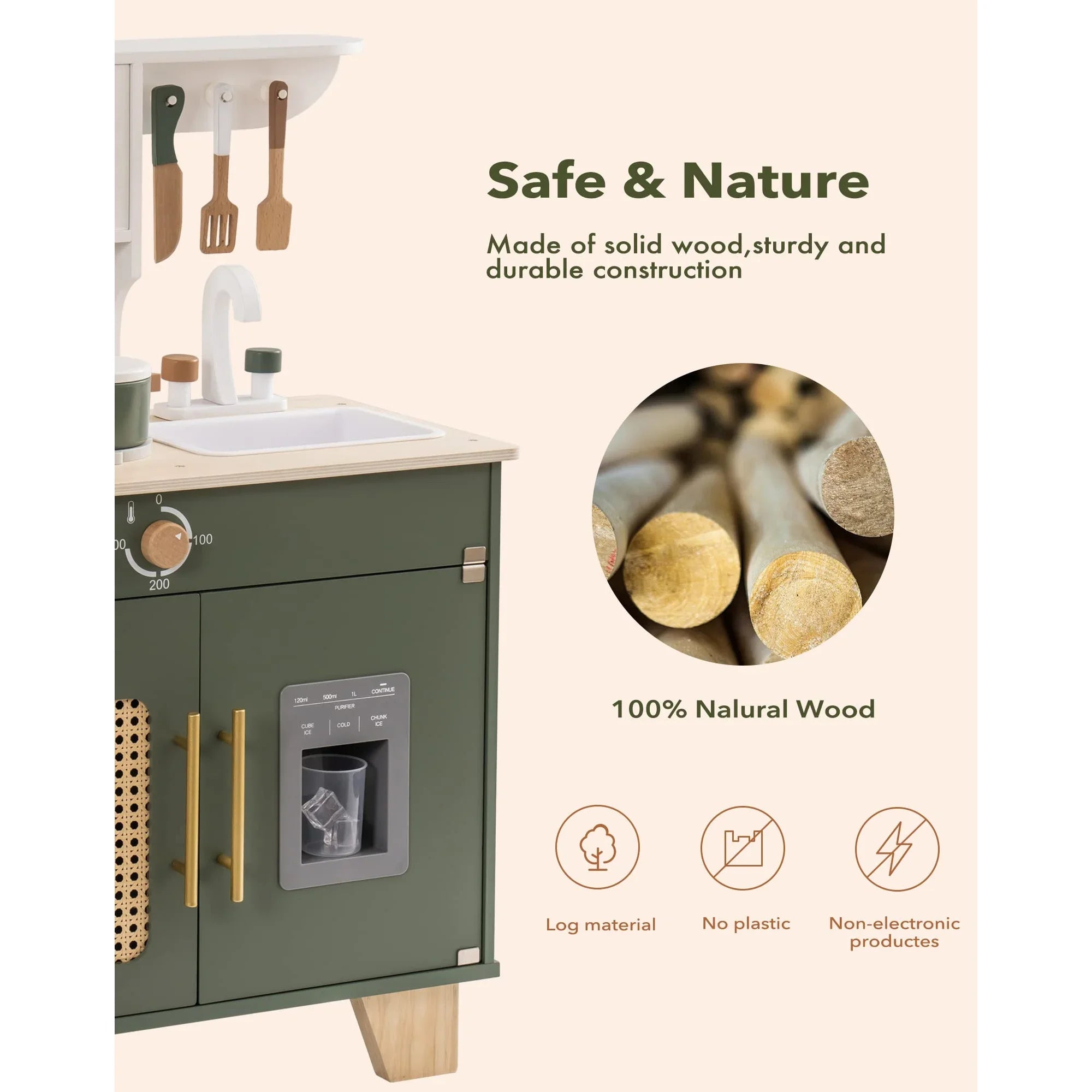 Children's play kitchen set with wooden utensils and a green cabinet, emphasizing safety and natural materials.