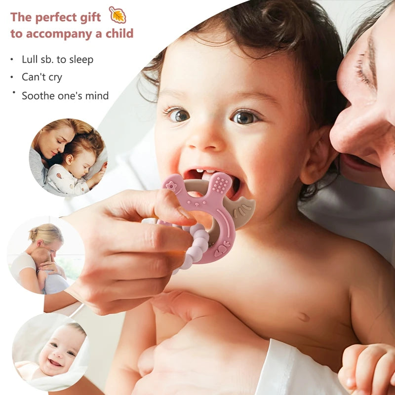 Baby holding a pink teething ring with a parent holding the baby, surrounded by text about the product's benefits.