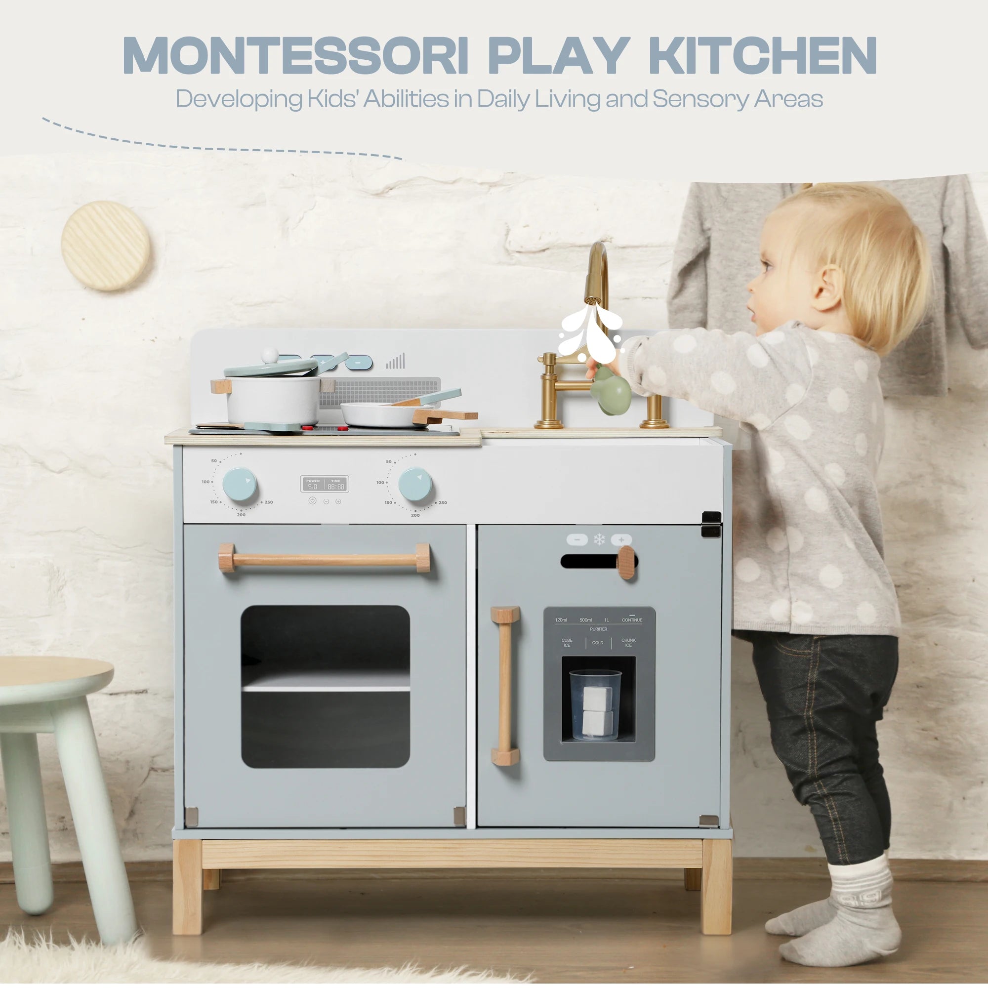 Montessori Wooden Play Kitchen with Lights & Sounds - Blue or White