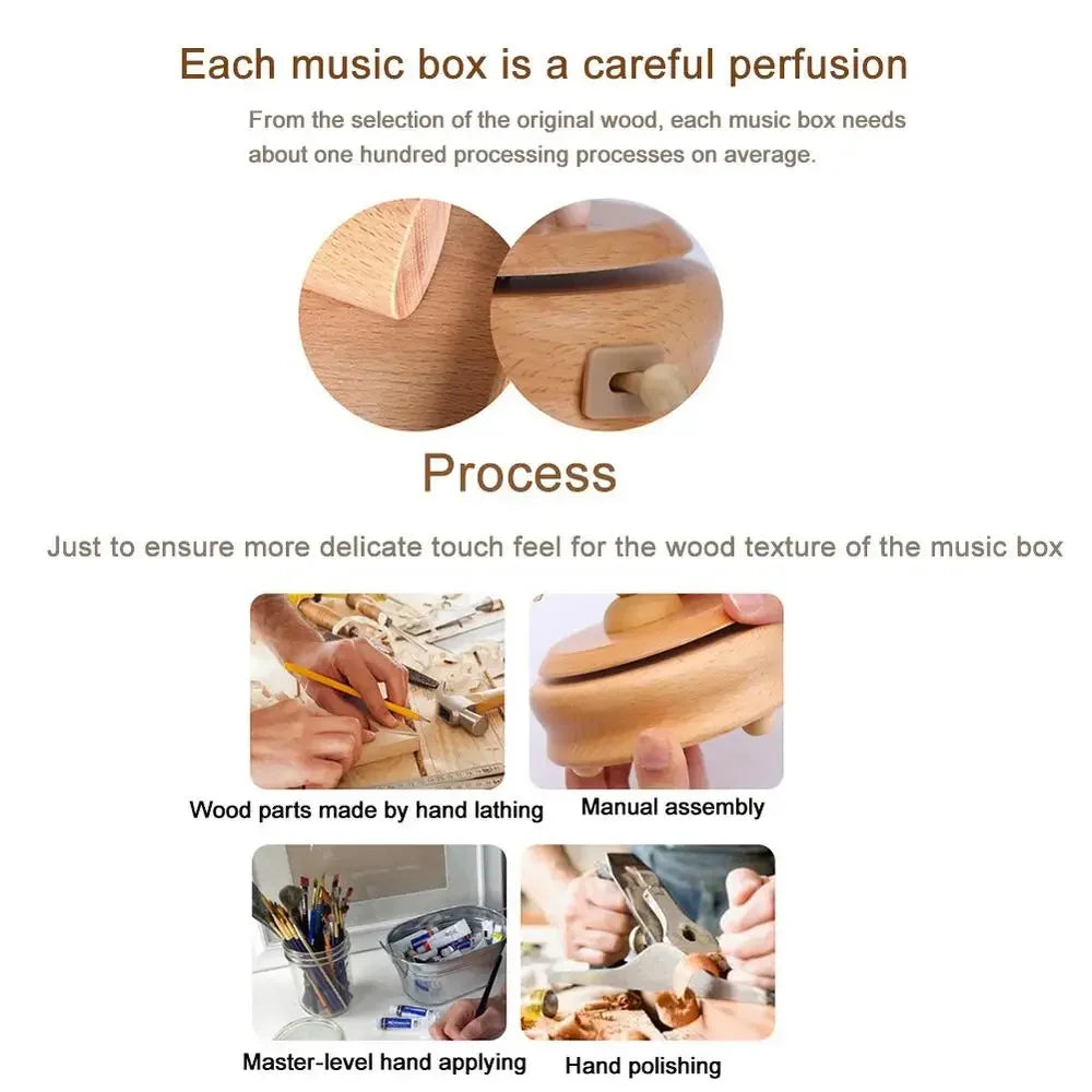 Wooden music box with close-up details and assembly process steps on a white background. | Oliver & Company Montessori Toys