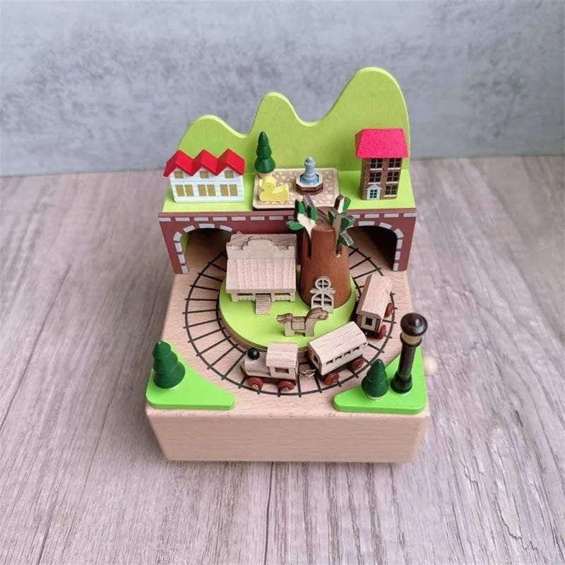Wooden Forest Train Music Box – Wind-Up Clockwork Village Scene | Oliver & Company Montessori Toys