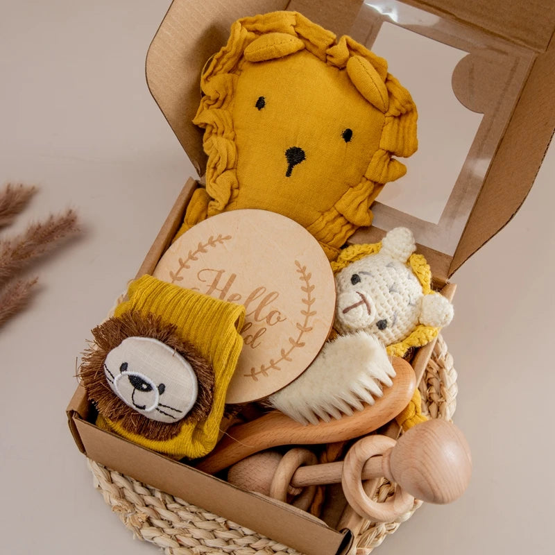 Baby toy set with lion design in a box on a neutral background
