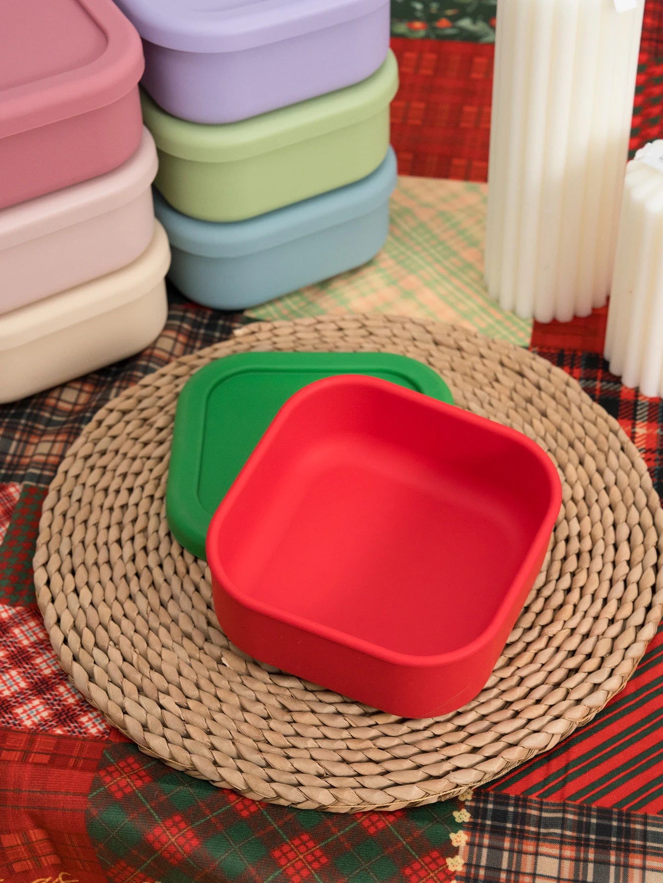 Stack of silicone snack containers in Christmas and pastel colors