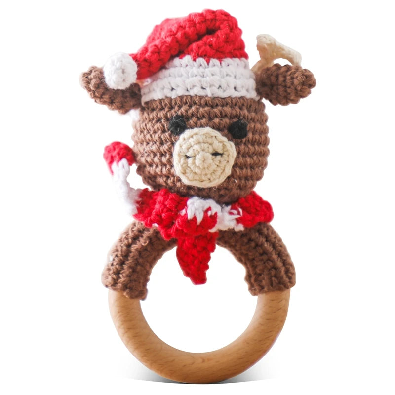 Crochet Snowman & Reindeer Rattle Toy with Santa hat and scarf, featuring a knitted design, wooden teether, and engaging rattle sound for festive play.