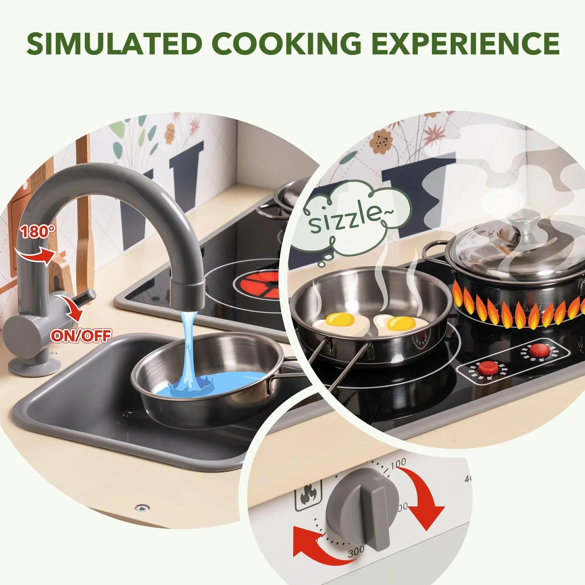 Children's play kitchen set with sink, stove, and frying pan, featuring 'Simulated Cooking Experience' text.