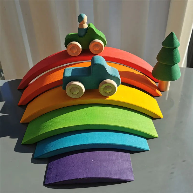 Wooden Stacking Bridge, Cars & Forest Trees Set - Montessori Imaginative Play