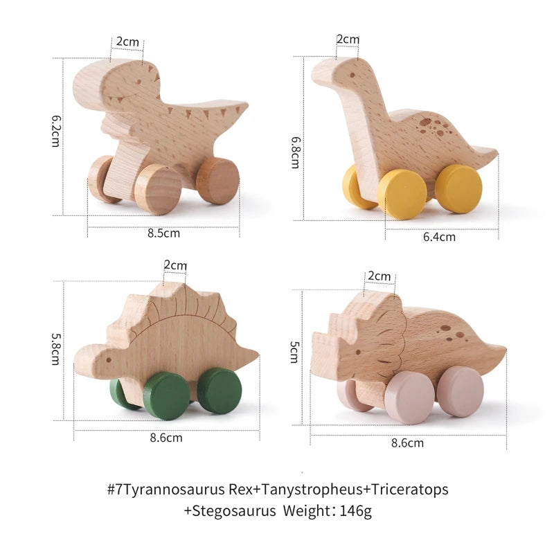 Wooden toy dinosaur figures with measurements on a white background