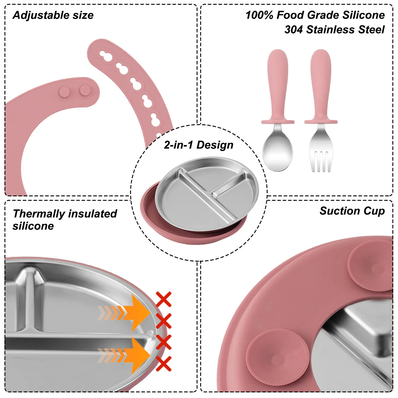4-Piece Stainless Steel Silicone Feeding Set with Divided Plate and Bib