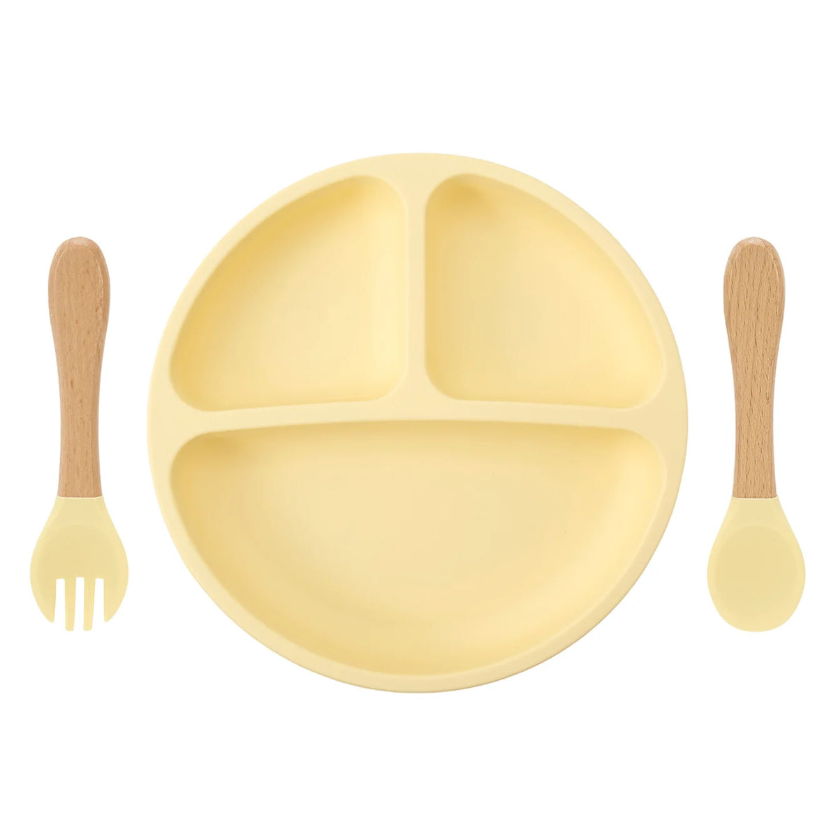 Silicone divided suction plate with wooden spoon and fork in Light Yellow