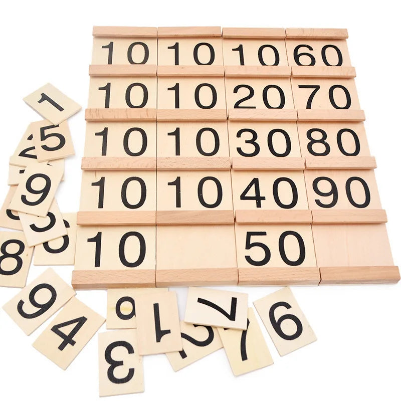 Set of wooden number blocks with black numbers on a white background
