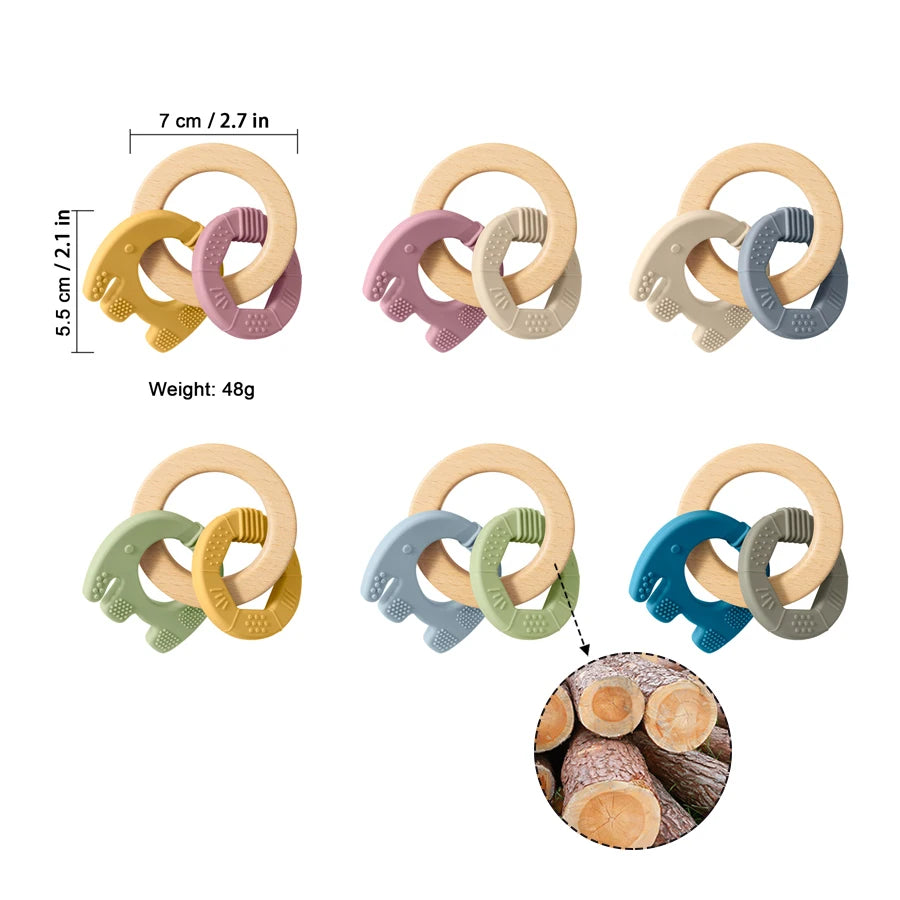 Elephant Silicone & Wooden Teether Ring 