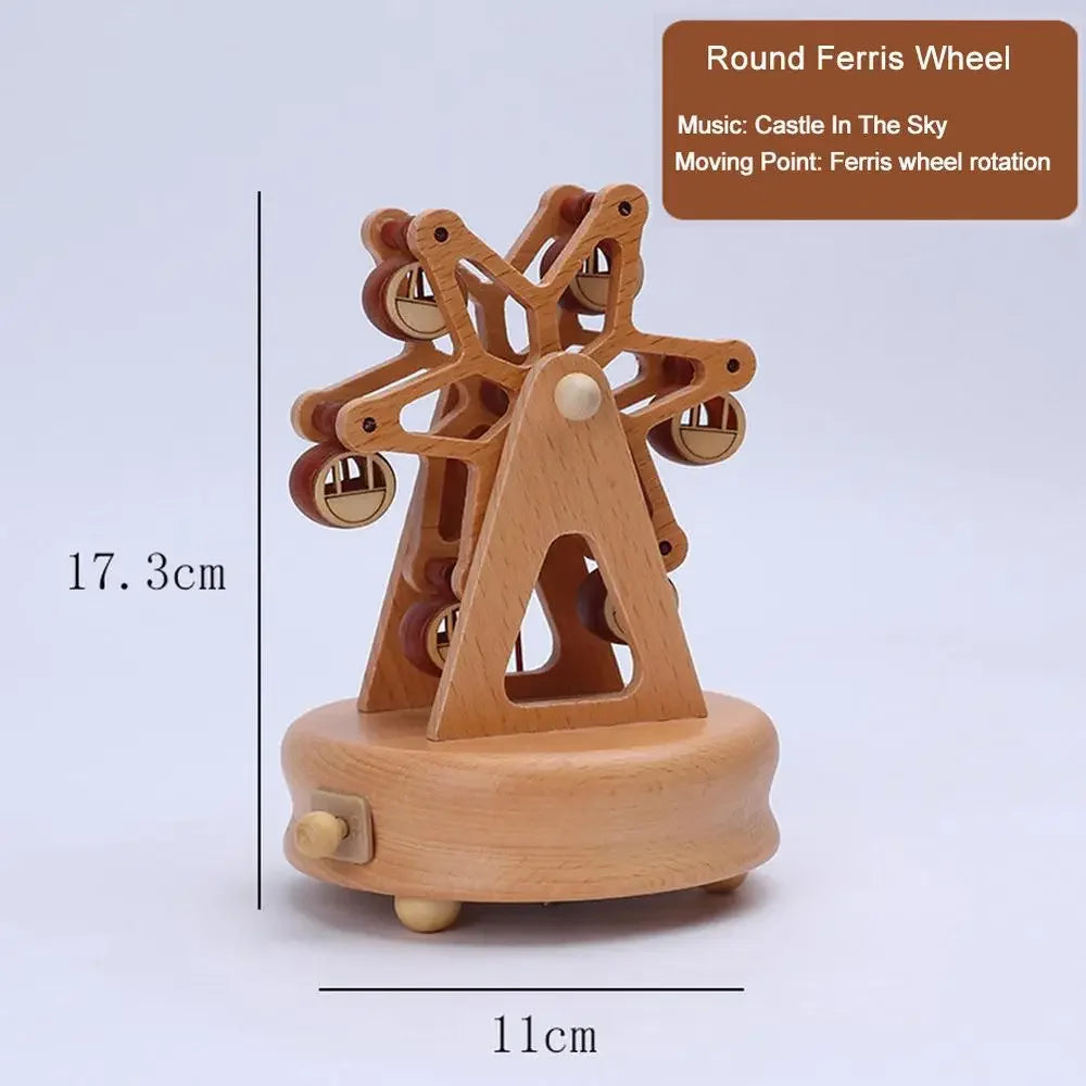 Wooden round Ferris wheel music box with dimensions and music details on a light gray background | Oliver & Company Montessori Toys